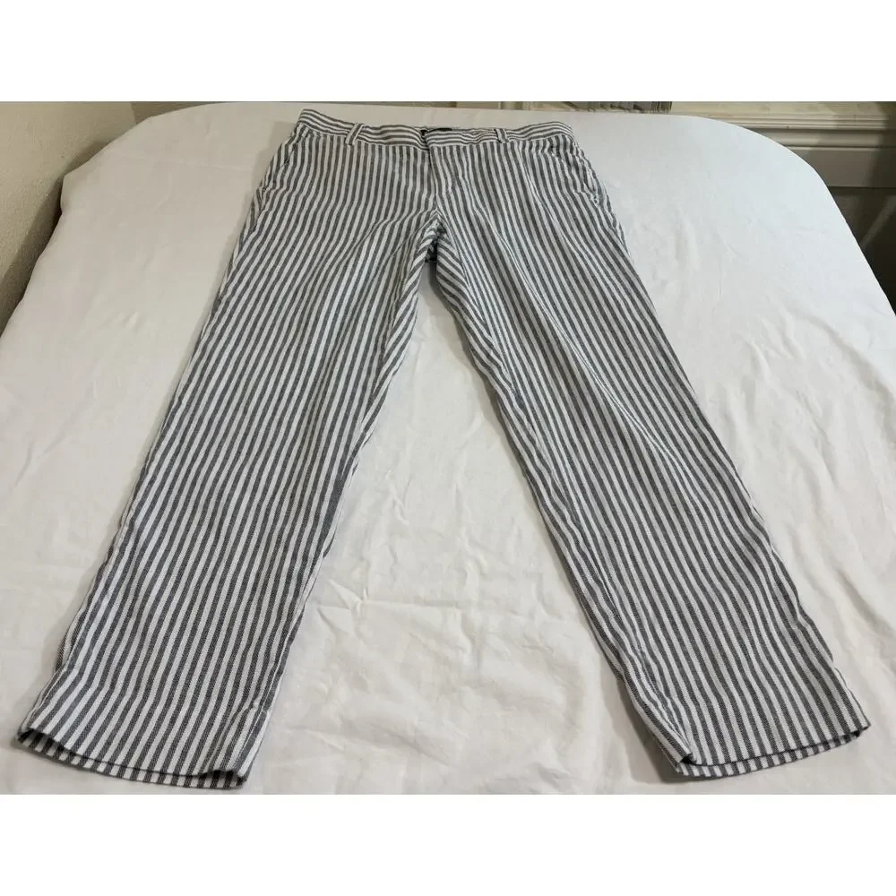 Flat Front Linen Avery Pants Striped Stretch Nautical Resort Beach Comfy Size 6